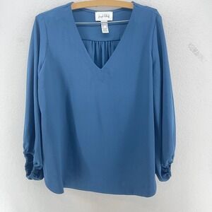 Joseph Ribkoff Blue V Neck Gathered Sleeve Blouse Top Women 8 Designer Chic